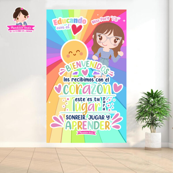 Friso para puerta: Bienvenidos los recibimos con el corazón- descárgalo en PDF e imprime en lona para decorar tu puerta